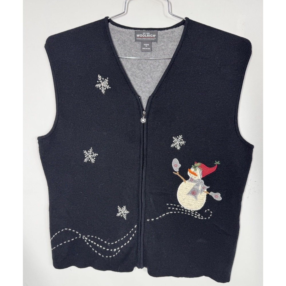 VTG Woolrich Womens Black Knit Zip Up Snowman Christmas Vest Size XL Embroidered
